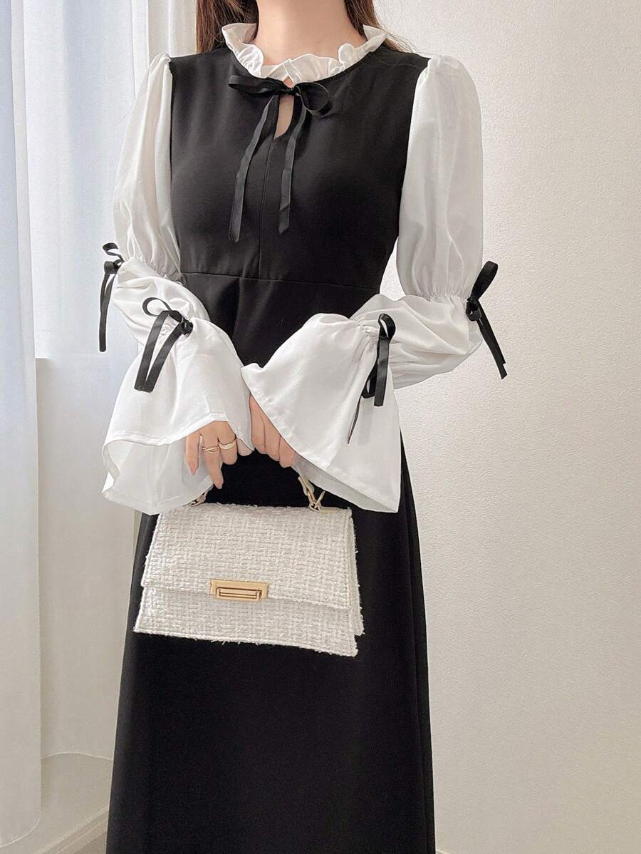 FRIFUL 女士优雅休闲撞色蝴蝶结装饰结领连衣裙，秋季，荷叶边长袖连衣裙 - 黑色 - 查看 1