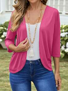 EMERY ROSE Lightweight Open Front Solid Color Casual Outerwear In Fall/Winter - Hot Pink - View 3