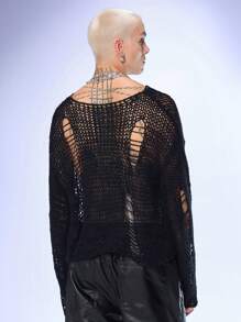 FeverCity Jersey de cuello redondo trenzado de manga larga, de punto, desgastado, liso y semitransparente para hombre, adecuado para otoño, salir y hacer juego en pareja