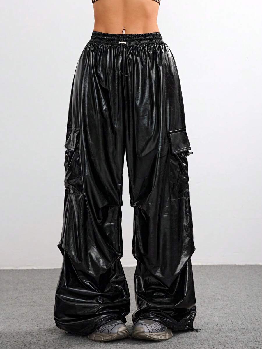 Coolane 女款秋季 Y2K 抽绳高腰阔腿全息效果工装裤 - 黑色 - 查看 1