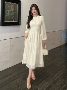 DAZY 女士优雅纯色灯笼袖腰褶饰中长连衣裙、荷叶边、秋季连衣裙长袖连衣裙 - 米色 - 查看 3