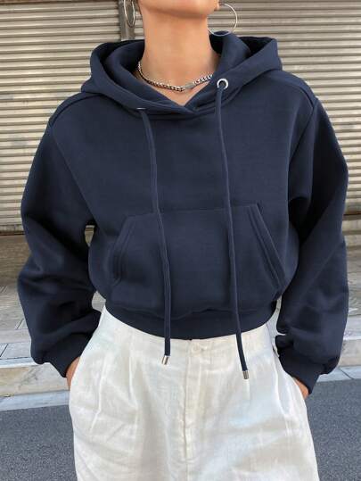 DAZY 女士纯色连帽短款休闲口袋长袖运动衫，秋季服装