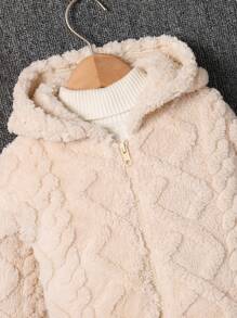 SHEIN Young Girl Fall/Winter Clothes  Young Girl Knitted Solid Color Fluffy Letter Embroidery Hooded Loose Flannelette Warm Casual Jacket,Autumn/Winter,Great For Casual & Daily Wear & School .