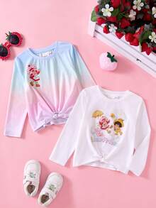 Strawberry Shortcake X SHEIN Kleine Mädchen 2 Stücke/Set Enges Langarm T-Shirt mit Batik-Muster, Erdbeermotiv und Schleife Rundhalsausschnitt