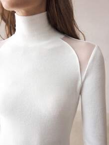 BizChic Parte superior de manga larga con cuello alto transparente, de unicolor y con empalme de malla para mujeres - Blanco - Ver 5