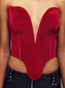SHEIN Unity 酒红色天鹅绒钢圈塑身文胸上衣 - 紅色 - 查看 4