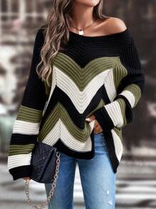 SHEIN LUNE Asymmetric Hem Colorblock Casual Knit Sweater, Autumn/Winter Knit Pullover Fall - Multicolor - View 5