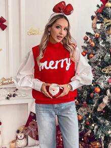 SHEIN LUNE Christmas Red Sleeveless Letter Embroidered Sweater Vest For Women For New Year Clothes - Red - View 4