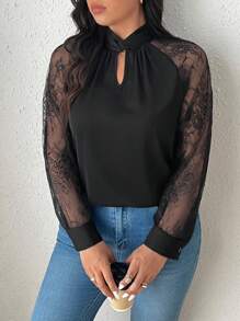 SHEIN Frenchy Elegant & Simple Black Lace Patchwork Plus Size Blouse, Fall/Winter - Black - View 5