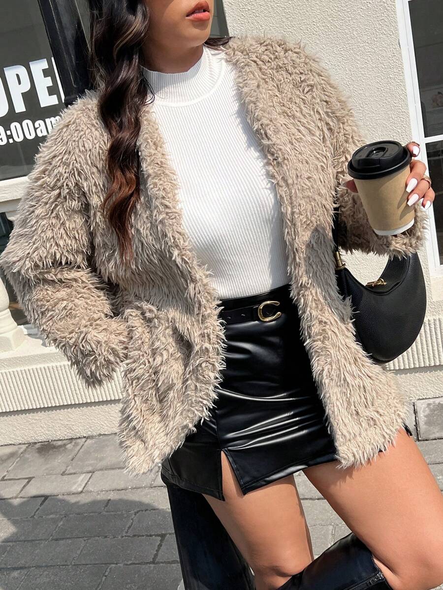 SHEIN Frenchy Plus Size Women's Solid Color Long Sleeve Open Front Loose Fluffy Winter Coat - Khaki - View 1