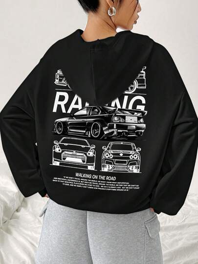 SHEIN EZwear Casual Retro Car Graphic Loose Fit Hooded Long Sleeve Sweatshirt For Women Back To School Fall And Winter Clothing