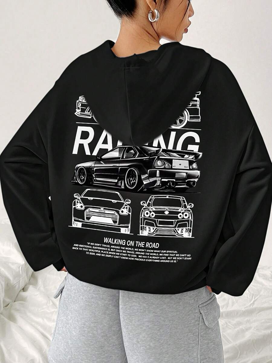 SHEIN EZwear Sudadera con capucha de manga larga con gráfico de coche retro casual y corte holgado para mujeres - Negro - Ver 1