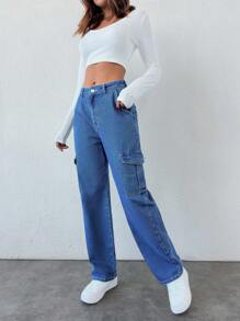 RueChic Women's Casual Streetwear Style Flap Pocket Loose Fit Denim Cargo Pants