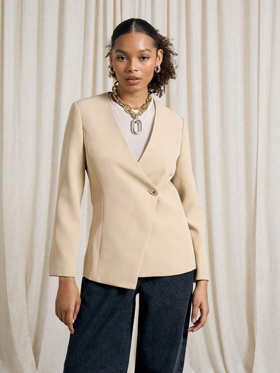 AiiRZ 设计师无领西装外套专业办公装不对称单扣工作商务正式优雅结构化工作服春秋定制 - 卡其色 - 查看 1