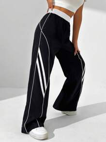 StreetHx Women's Casual Elastic Waist Contrast Piping Loose Wide Leg Pants