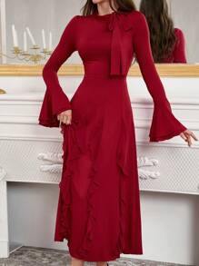 Modelyn Vestido largo de noche elegante con cuello de lazo, mangas largas acampanadas, dobladillo con volantes y cintura ajustada en línea A - Rojo - Ver 4