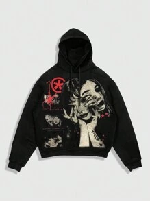 ROMWE MEN Anime Men's Letter & Graphic Print Long Sleeve Drawstring Hoodie, Fall - Black - View 1