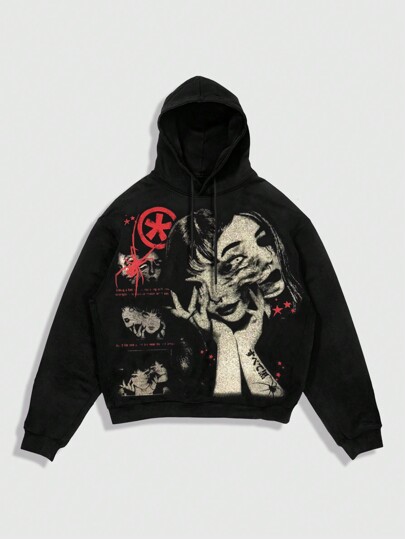 Anime Men's Letter & Graphic Print Long Sleeve Drawstring Hoodie, Fall