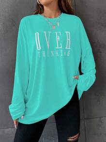 SHEIN Unity 圆领长袖字母图案衬衫，休闲日常穿着印花T恤，女士春季穿搭上衣，绿色长袖针织衫，宽松女式衬衫，绿色卫衣，宽松款 - 綠色 - 查看 3