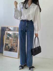 DAZY Women's Contrast Stitched Solid Color Mandarin Collar Shirt,Fall Clothes Long Sleeve Top - White - View 6