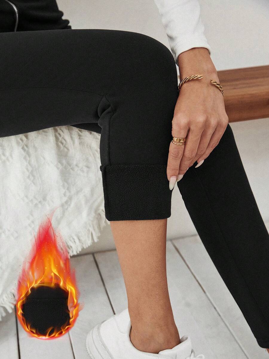 Chiquease 休闲前拉链保暖内衬紧身裤，秋冬季 - 黑色 - 查看 1