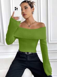 Flirla Off-Shoulder Casual Versatile Knit Sweater, Autumn/Winter Knit Pullover Fall - Green - View 6