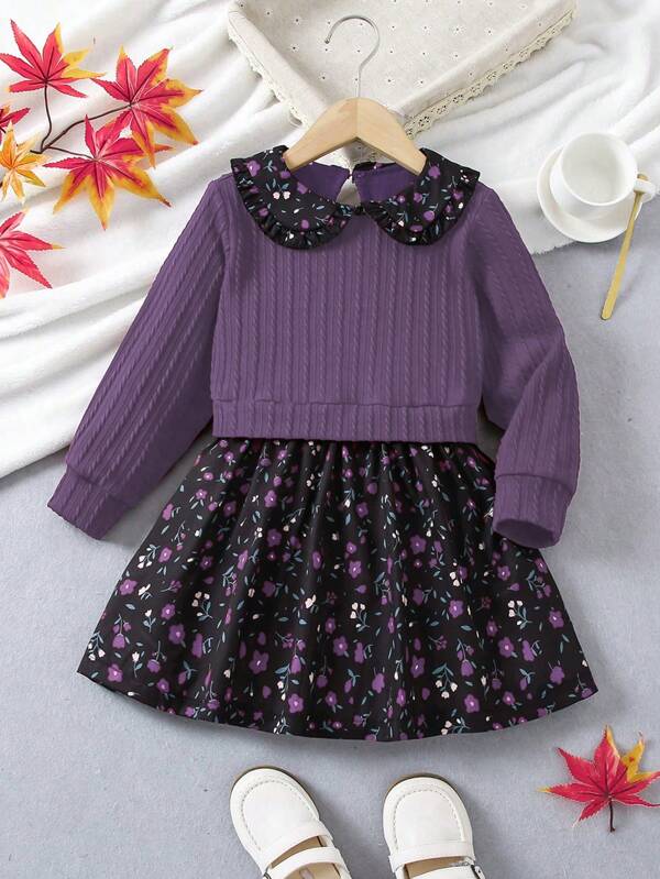 SHEIN Young Girl Peter Pan Collar Elegant Party Vintage Floral Print Long Sleeve Dress