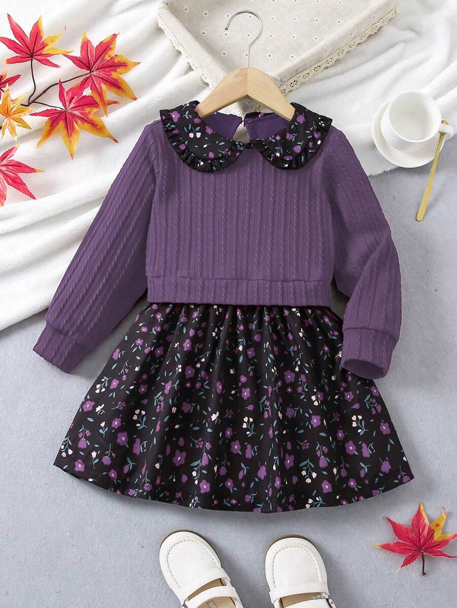 SHEIN Elladie kids Đầm dài tay họa tiết hoa cổ Peter Pan thanh lịch cho tiệc tùng cổ điển dành cho bé gái - Màu tím - Xem 1