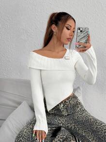 SHEIN Unity Áo len nữ tay dài lệch vai, kiểu dáng thời trang ôm sát, thanh lịch, xẻ tà, thích hợp cho mùa thu đông. - Màu be - Xem 4
