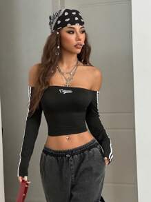 Coolane Women's Fall/Winter Essentials Knit Banded Texture Decoration Off The Shoulder T-Shirt - Black - View 3