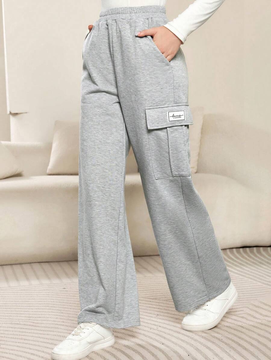 Mulvari 女士休闲字母印花工装口袋直筒宽松裤 - 灰色 - 查看 1