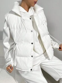SHEIN Essnce Chaqueta acolchada con cuello alto para mujer, chaleco acolchado grueso y cálido suelto, abrigo blanco para mujer, chaqueta de invierno para mujer, vestido de invierno para mujer, blusas para salir, ropa de otoño, cortavientos chaqueta para mujer - Beis - Ver 7