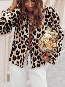 SHEIN VCAY Women's Tie Front Leopard Print Blouse,Beige Elegant Night Out Long Sleeve Puff Sleeve Ruffle Hem Casual Vacation Blouse,Autumn Minimalist Office - Multicolor - View 1