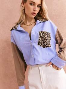 Poéselle Camisa casual de diario de mujer con bolsillo, manga larga, cierre frontal con botones, estampado de leopardo y bloques de color, ropa de mujer para otoño e invierno, de estilo chic sin esfuerzo, 24 FW