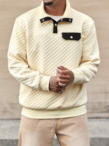 Manfinity Homme Men's Plus Size Button-Up Front Long Sleeve Casual Loose Pullover Sweatshirt - Beige - View 5