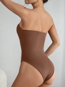 SHEIN PETITE 女士纯色简约紧身衣，休闲假日 - 棕色 - 查看 2