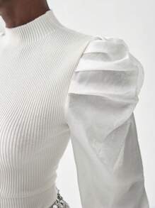 Chiquease Turtleneck Shiny Fabric Balloon Sleeve Form-Fitting Knit Sweater Knit Pullover Fall Winter Outfit