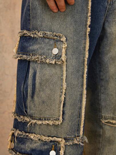 Grunge Punk Jeans décontractés en denim à jambe large, ample et avec poches cargo, délavé pour hommes