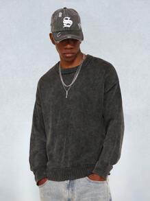 SUMWON Suéter holgado y suelto de punto lavado vintage con cuello redondo, de moda otoñal para uso casual en invierno - Gris Oscuro - Ver 1