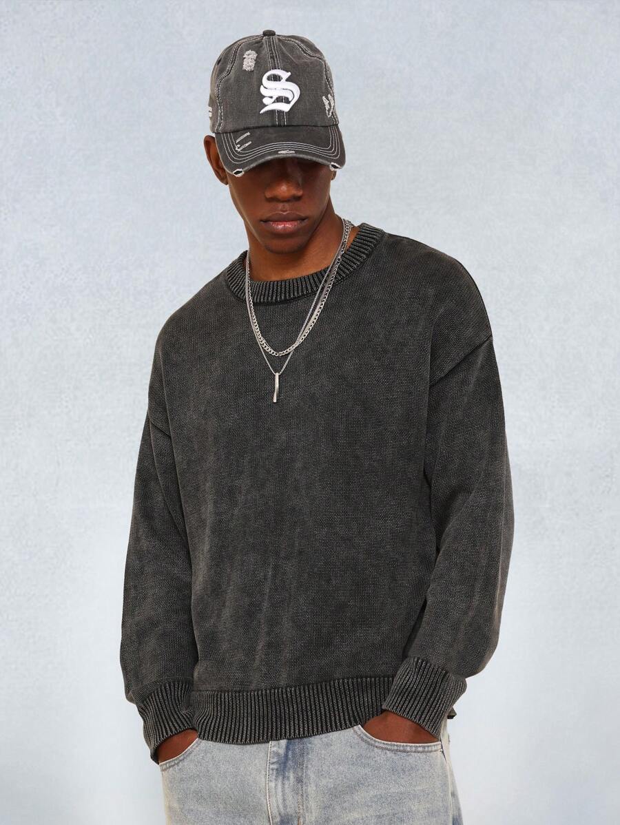 SUMWON Suéter holgado y suelto de punto lavado vintage con cuello redondo, de moda otoñal para uso casual en invierno - Gris Oscuro - Ver 1