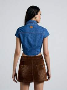 AiiRZ Denim Short Sleeve Collared Button Down Crop Shirt - Blue - View 2