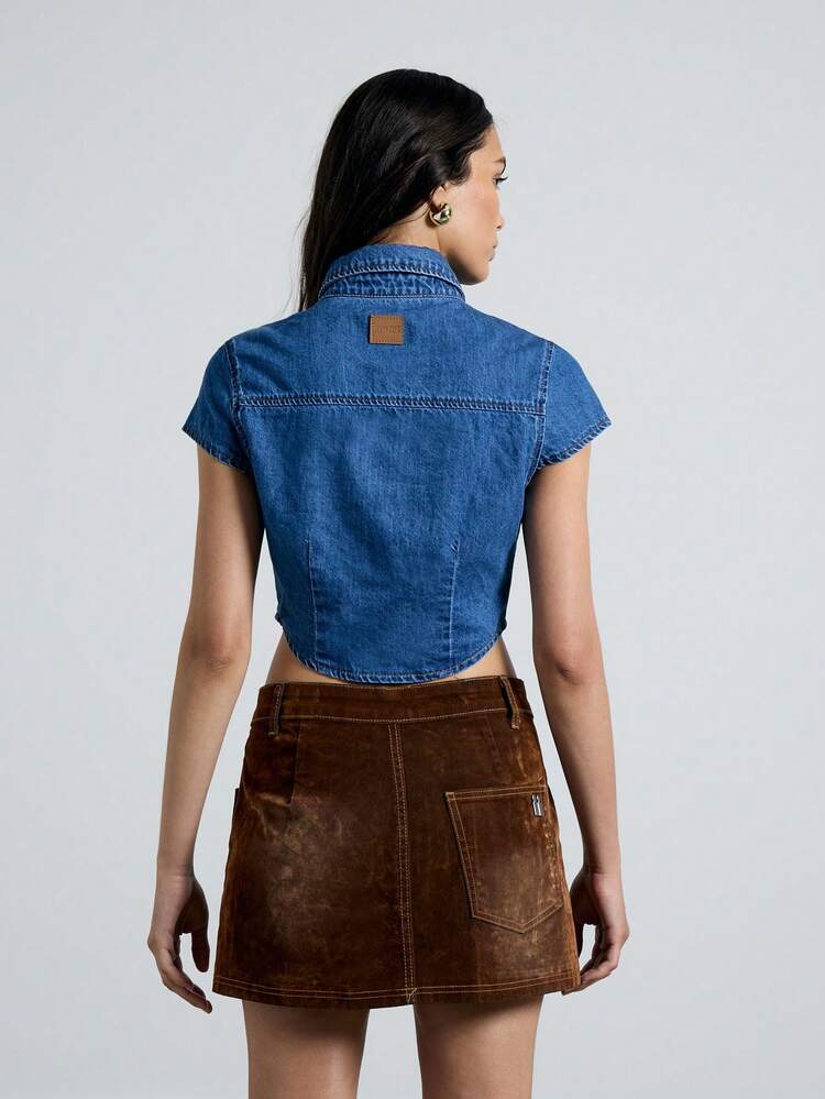 Denim Short Sleeve Collared Button Down Crop Shirt