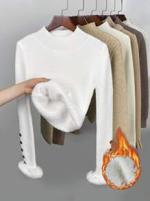 Chiquease Women's Stand Collar Long Sleeve Knit Sweater, Warm Fleece Cuffs, Knit Pullover Fall Winter - White - View 2