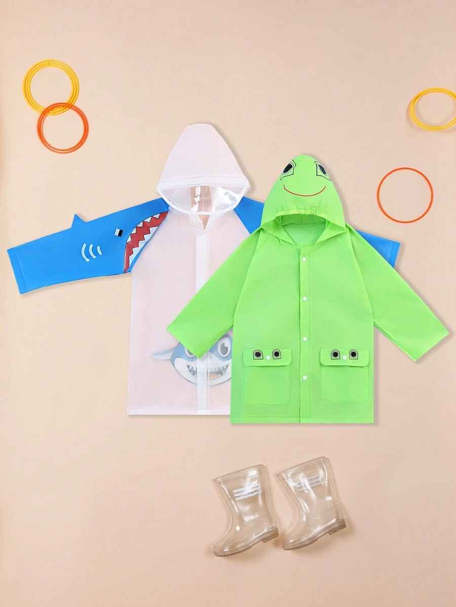 男童户外鲨鱼印花防水雨衣，适合上学和玩耍 - 綠色 - 查看 1