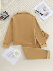 2pcs Teen Boys' Casual Solid Color Collared Cardigan And Sweatpants Set, Brown - Brown - View 2