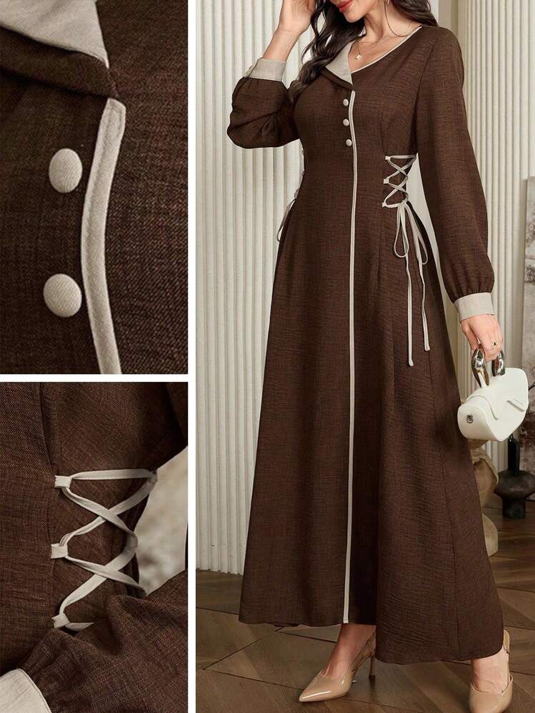 Modelyn فستان خصر بسحّاب تباين الزينة - قهوة بني - مشاهدة 1