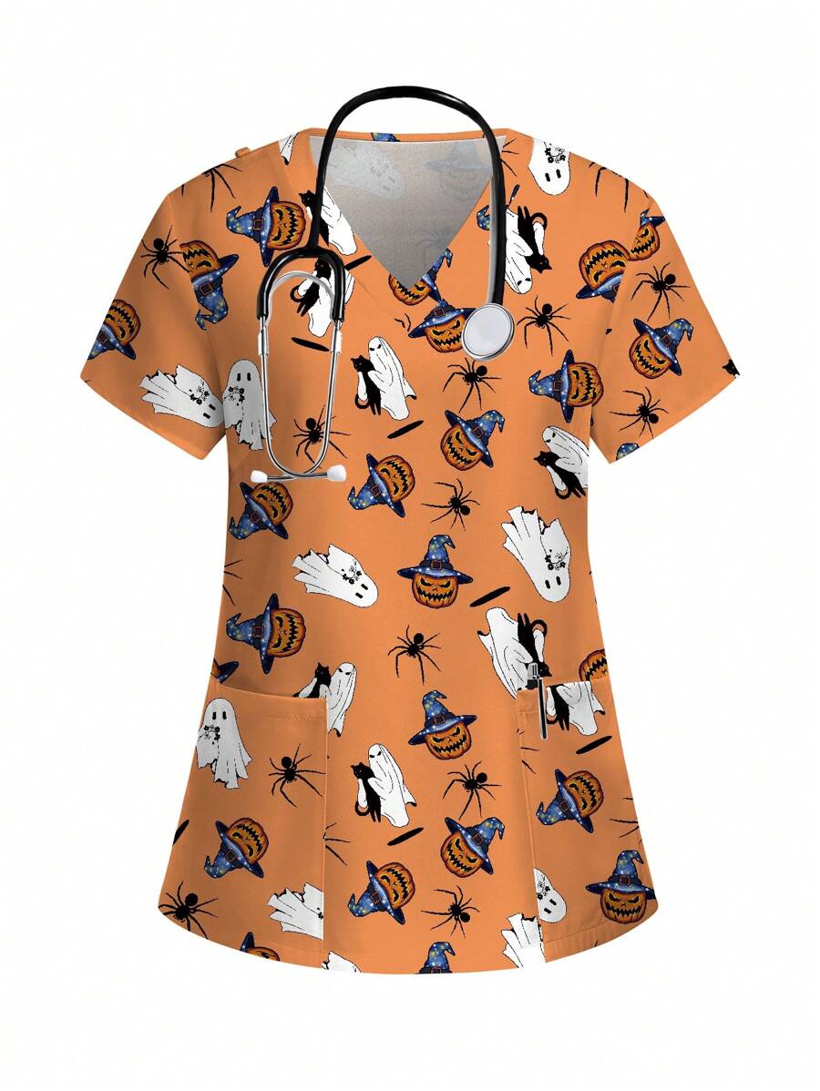 PopScrub Scrub Uniform Top With Halloween Pumpkin & Ghost Pattern - Multicolor - View 1