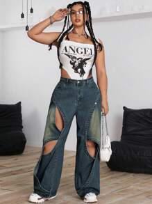 SHEIN ICON 大码前扣口袋镂空简约牛仔裤，休闲日常穿着 - 霧霾藍 - 查看 5