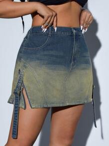 SHEIN ICON 大码女式侧开叉下摆水洗牛仔迷你裙，深蓝色