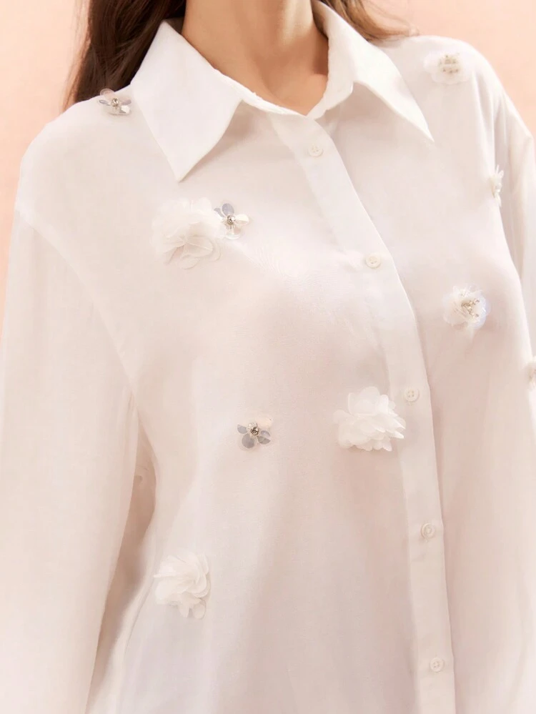 Women's 3D Handmade Three-Dimensional Flower, Chiffon, Diamond Jewelry, Long-Sleeved Loose Shirt,Fall Women Clothes,Winter Women Clothes